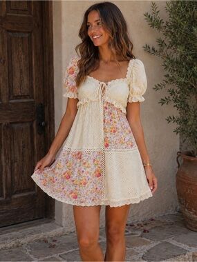 Cream Floral Patchwork Eyelet Mini Dress with Puff Sleeves